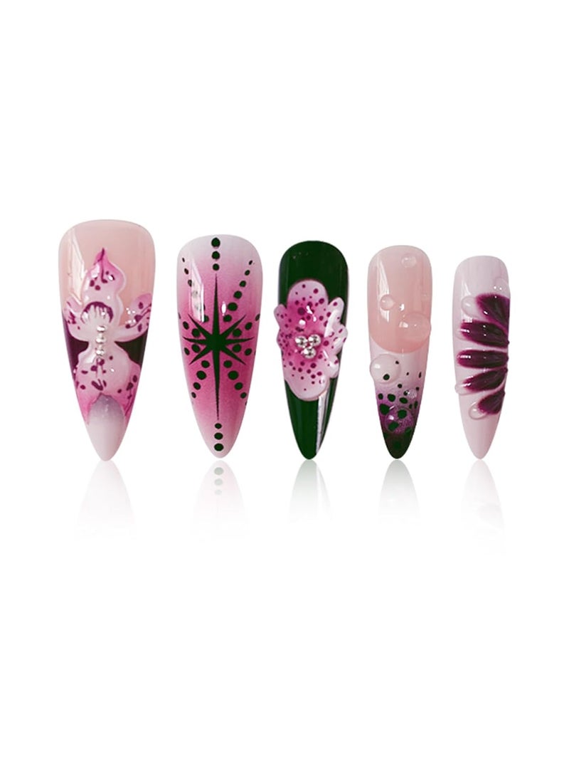 SEENEEY Long Press on Nails Almond Fake Nails Purple French Artificial Nail with 3D Flowers Designs Glitter Summer and Fall Cute Stick on Nail for Women 24pcs - Image 2